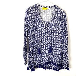 Roller Rabbit Blue White Floral Cotton Tassel Coverup Tunic Dress Resort